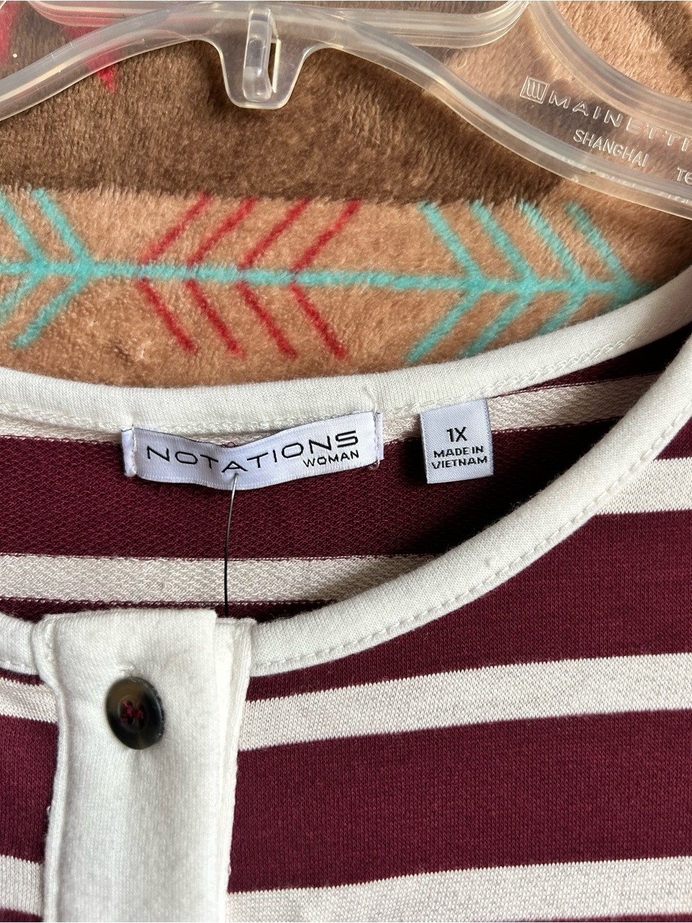 Notations Burgundy and White Striped Henley Long Sleeve Top - Picture 3 of 3
